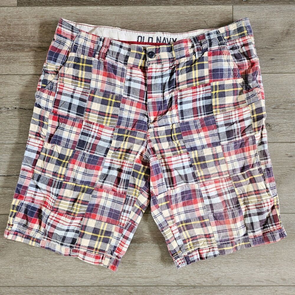 Old Navy Mens Size 38 Patchwork Plaid Madras Flat Front Shorts Preppy Vacation